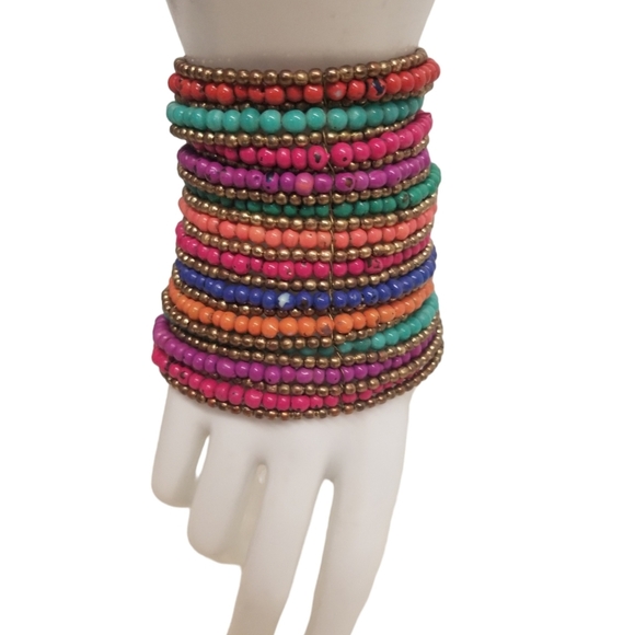 VINTAGE TALL HANDMADE MULTICOLOR SEED BEAD ETHNIC BOHO STATEMENT CUFF BRACELET - Picture 1 of 6